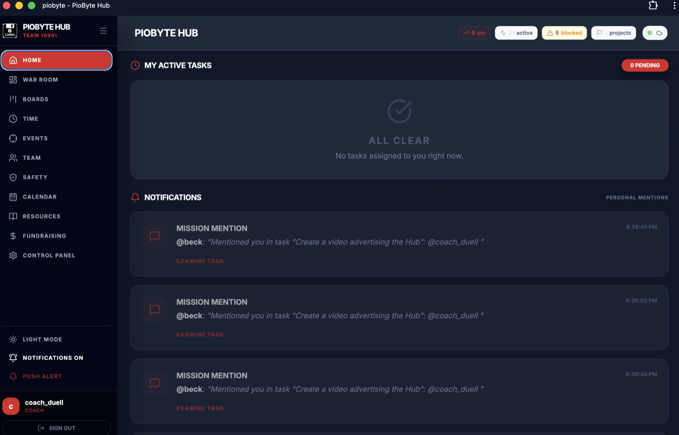 The Hub dashboard, showing task boards, team announcements, and notifications